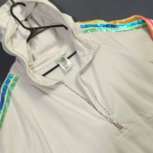 Queen Of Sparkles Hoodie Womens L White Cropped Rainbow Striped Sleeves Half Zip